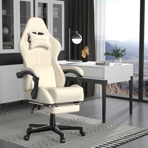 Ferghana Silla para videojuegos con piel sintética vintage, respaldo alto con masaje, silla ergonómica para ordenador de oficina con reposapiés para adultos, silla reclinable para videojuegos estilo carrera de 350 libras (beige)