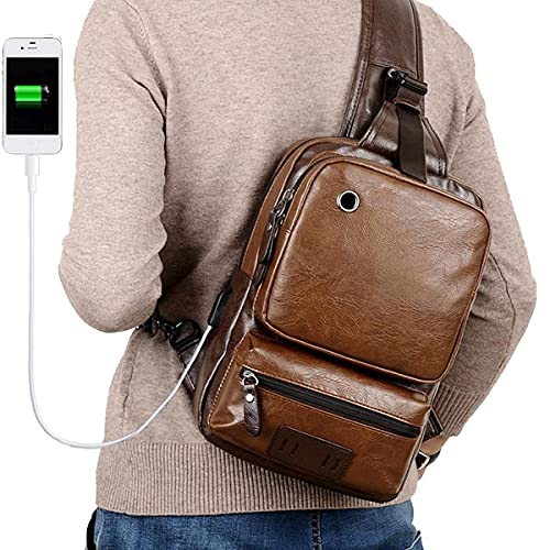 Mochila pequeña con bandolera marrón para hombres y mujeres, bandolera de cuero PU vintage, mochila informal con una correa, cargador USB para ciclismo