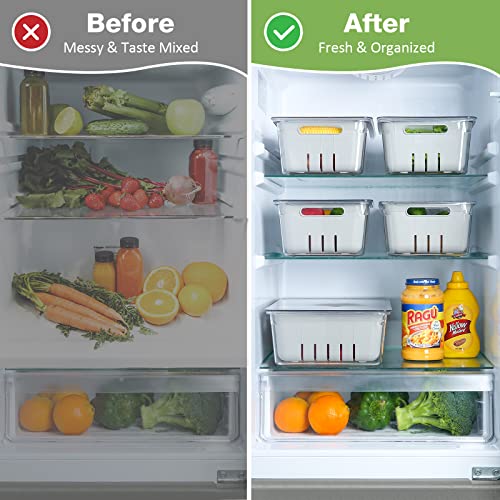 Puricon (paquete de 2) contenedores de alimentos frescos para nevera, almacenamiento de frutas y verduras, ahorro de productos con colador y tapa, organizadores apilables para refrigerador para ensalada, bayas, lechuga, sin BPA, pequeño