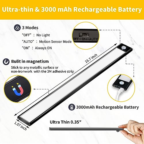 Aipolloo Iluminación debajo del gabinete, paquete de 2, 69 LED, luz recargable con pilas, 3000 mAh, sensor de movimiento inalámbrico, luces de armario para interiores, luz nocturna, luces debajo del mostrador para cocina