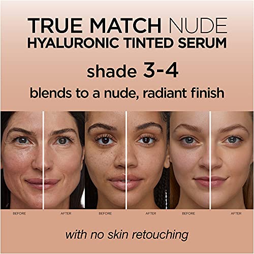 L'Oréal Paris Cosmetics True Match Nude Hyaluronic Tinted Serum El primer suero con color con 1% de ácido hialurónico Instantáneamente la piel luce más brillante, uniforme y se siente hidratada Cuidado de la piel, Medio claro 3-4,1 fl. onz.