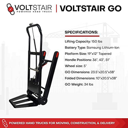 Voltstair GO Carretilla de mano motorizada eléctrica portátil para subir escaleras con batería extraíble, con cuerda elástica incluida y pistas antideslizantes para levantamiento pesado (capacidad de elevación de 150 lb) negro/rojo