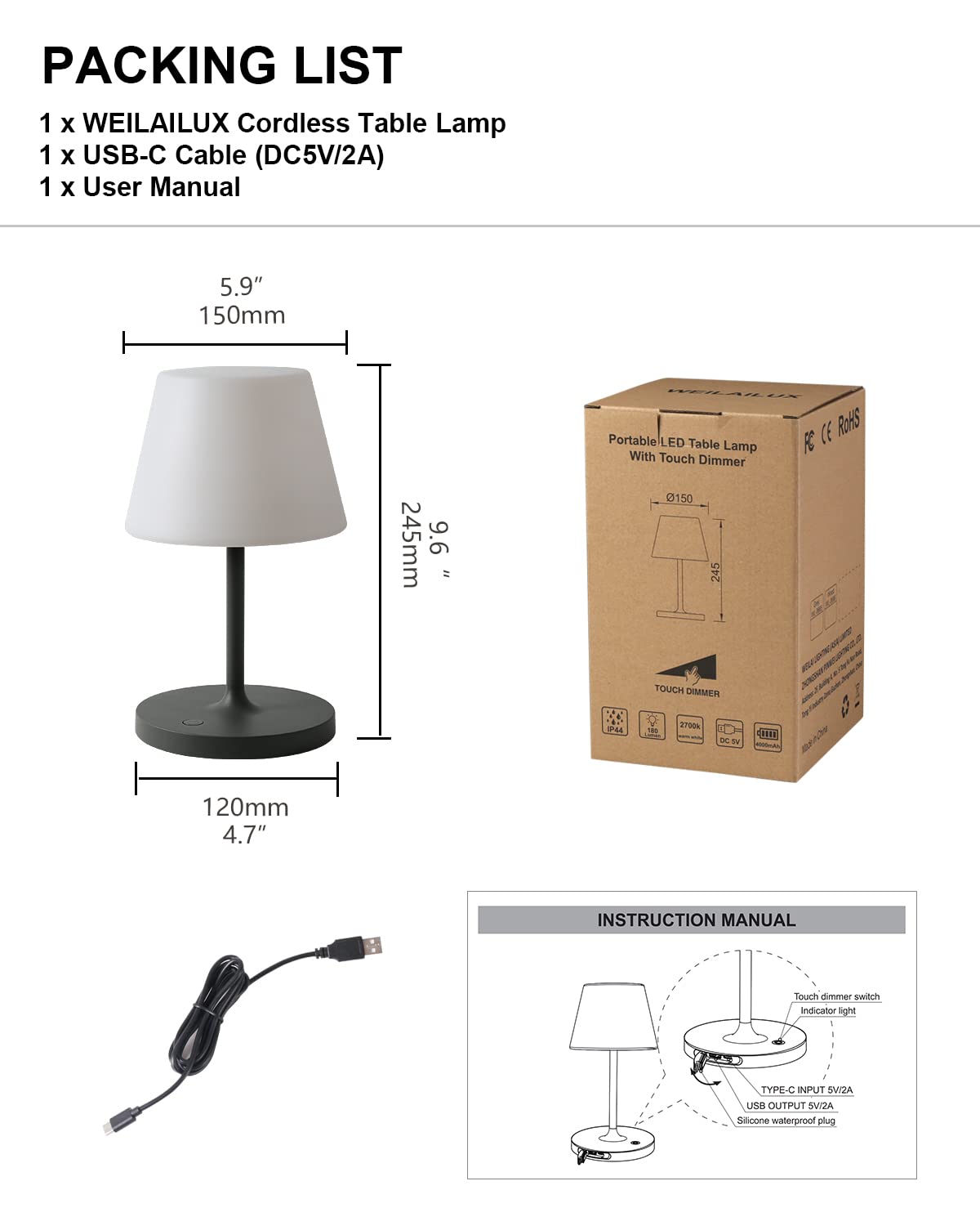 PRODUCTO 495 Lámpara de mesa para exteriores con pilas, resistente al agua, lámpara de mesa inalámbrica de 4000 mAh, recargable, lámpara de escritorio regulable al tacto, luz nocturna LED para patio, camping, restaurante, hogar, 9,6 pulgadas de alto