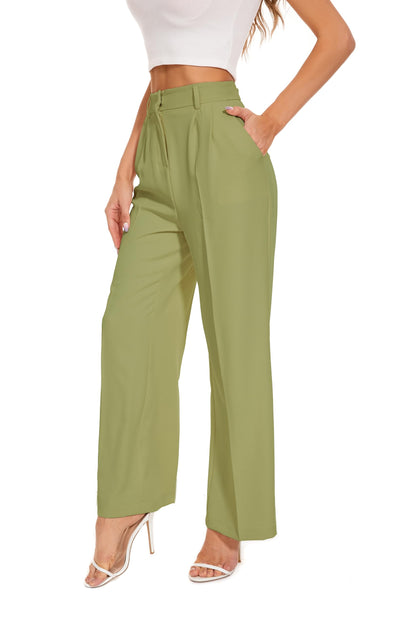 PRODUCTO 568 KICZOY Pantalones anchos de pierna ancha y cintura alta para mujer, corte holgado, cintura elástica en la espalda, pantalones delanteros plisados para el trabajo, informal, verde