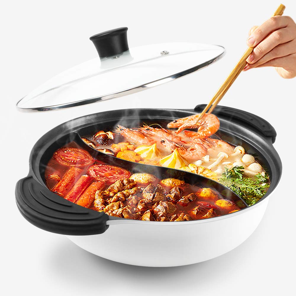 PRODUCTO 471 Olla caliente con divisor para cocina de inducción, utensilios de cocina para sopa de doble cara, olla Shabu Shabu china de dos sabores para fiesta en casa, reunión familiar, 4,5 cuartos (blanco)