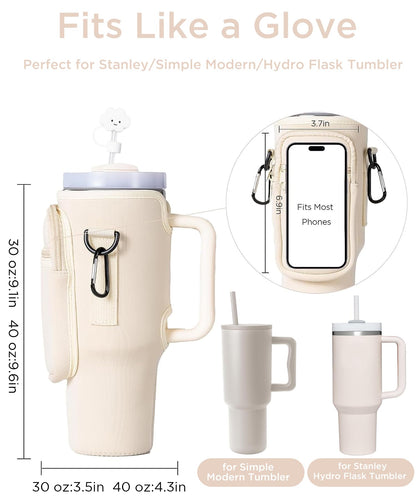 PRODUCTO 490 dabria Bolsa portabotellas de agua con bolsillo para teléfono para vaso Stanley de 40/30 oz Bolsa portabotellas de neopreno con correa ajustable Bollus con cubierta de pajita y mosquetón para accesorios de taza Stanley