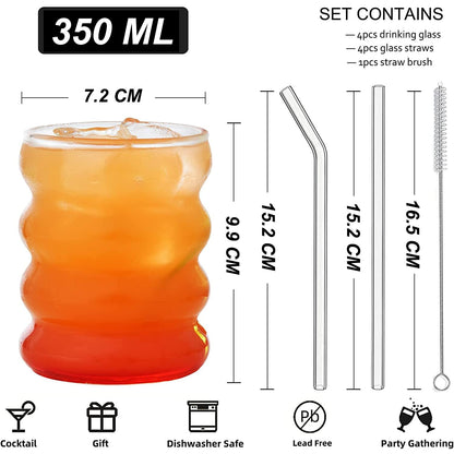 PRODUCTO 424 ALINK Vasos de vidrio acanalados con pajitas de vidrio, juego de 4, vasos de café helado estéticos de 12 oz, vaso de vasos de burbujas onduladas, cristalería ondulada, vasos de cerveza para cóctel, refrescos, regalo con cepillo