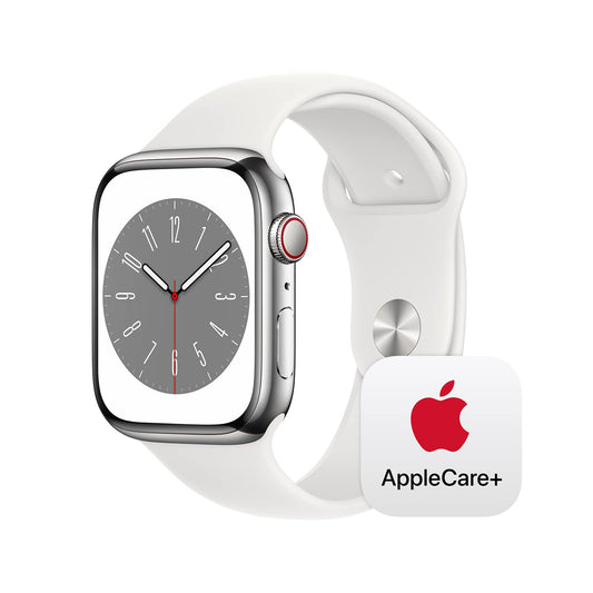 PRODUCTO 285 Reloj inteligente Apple Watch Series 8 [GPS + Cellular 45 mm] con caja de acero inoxidable plateada y correa deportiva blanca - S/M con AppleCare+ (2 años)