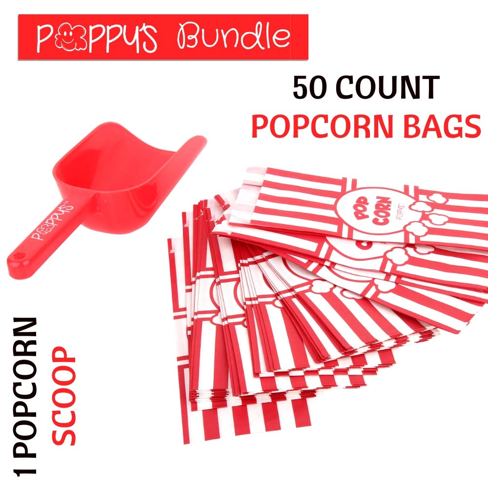 PRODUCTO 406 Paquete de palas de plástico para palomitas de maíz de Poppy - 50 bolsas y pala de plástico para palomitas de maíz, accesorios para máquinas de palomitas de maíz para barras de palomitas de maíz, noches de cine, concesiones