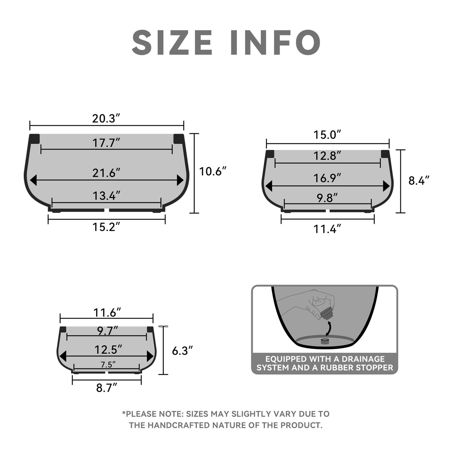 PRODUCTO 614 Kante Macetas elegantes redondas de carbón de 21.6", 16.9" y 12.5" de diámetro (juego de 3), maceta para jardín interior y exterior con orificio de drenaje y tapón de goma para el hogar y el patio