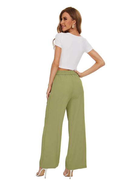 PRODUCTO 568 KICZOY Pantalones anchos de pierna ancha y cintura alta para mujer, corte holgado, cintura elástica en la espalda, pantalones delanteros plisados para el trabajo, informal, verde