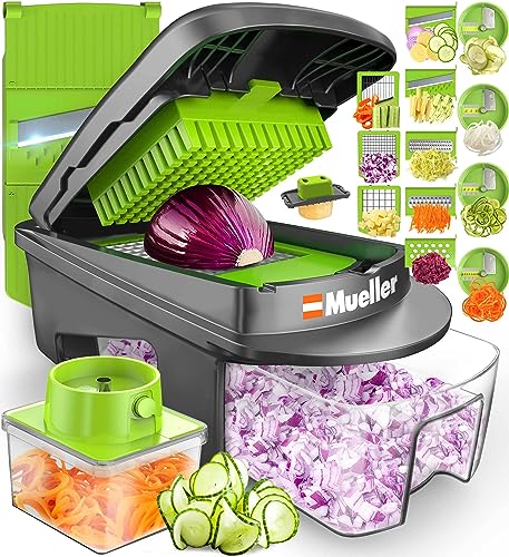 Mueller Pro-Series todo en uno, picador de verduras de 12 hojas, cortador de mandolina para cocina, cortador de verduras y espiralizador, cortador, cortador, picador de alimentos, rallador, juegos de utensilios de cocina con contenedor