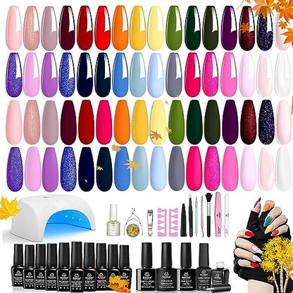 Kit de esmalte de gel con luz ultravioleta, kit de iniciación de gel de 52 piezas, 32 colores, juego de esmalte de gel con brillo rosa y azul, capa superior base, aceite para cutículas y constructor, kit de manicura artística en gel floreciente