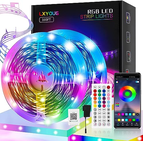 Luces LED de 100 pies para dormitorio, control de aplicación, sincronización de música, cambio de color, tira de luces LED RGB 5050 ultralargas con control remoto IR de 44 teclas para decoración del hogar de la habitación de Navidad