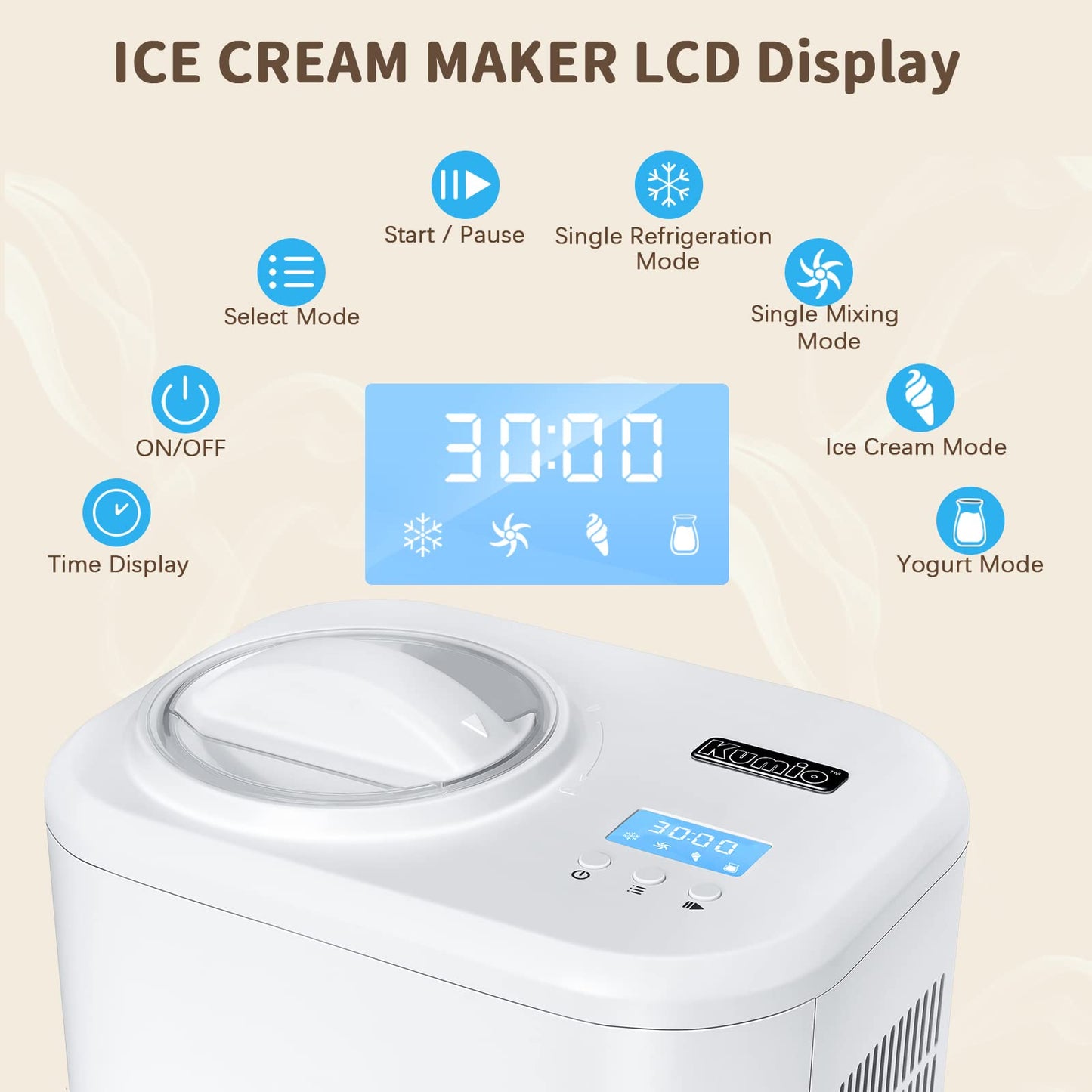 PRODUCTO 189 KUMIO Máquina automática para hacer helados de 1,2 cuartos con compresor, sin precongelación, máquina de yogur helado de 4 modos con pantalla LCD y temporizador, máquina para hacer helados eléctrica, función de mantener fresco