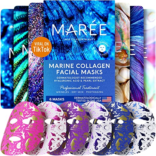 MAREE Mascarillas faciales para el cuidado y la belleza de la piel – Mascarillas faciales con extracto de perla natural, colágeno marino y ácido hialurónico – Mascarillas faciales de colágeno antienvejecimiento para arrugas y piel seca, paquete de 6