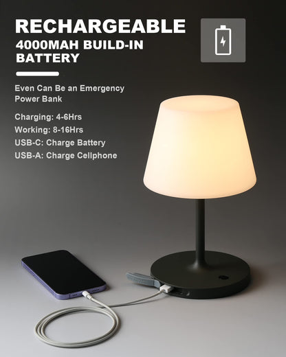 PRODUCTO 495 Lámpara de mesa para exteriores con pilas, resistente al agua, lámpara de mesa inalámbrica de 4000 mAh, recargable, lámpara de escritorio regulable al tacto, luz nocturna LED para patio, camping, restaurante, hogar, 9,6 pulgadas de alto