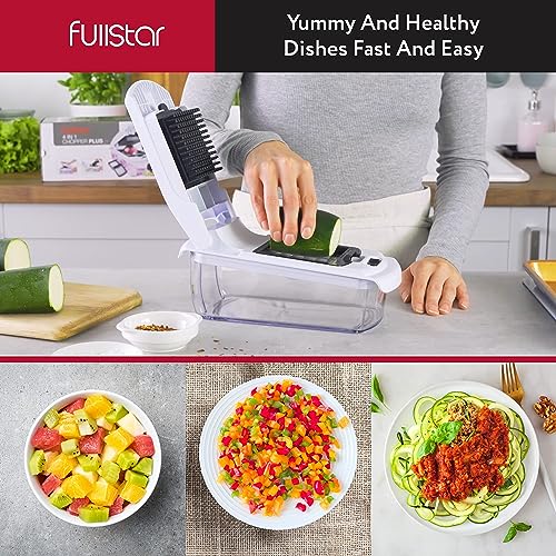 Fullstar Picadora de verduras - Cortadora de verduras en espiral - Picadora de cebolla con contenedor - Picadora de alimentos profesional - Cortadora en cubitos - (4 en 1, blanca)