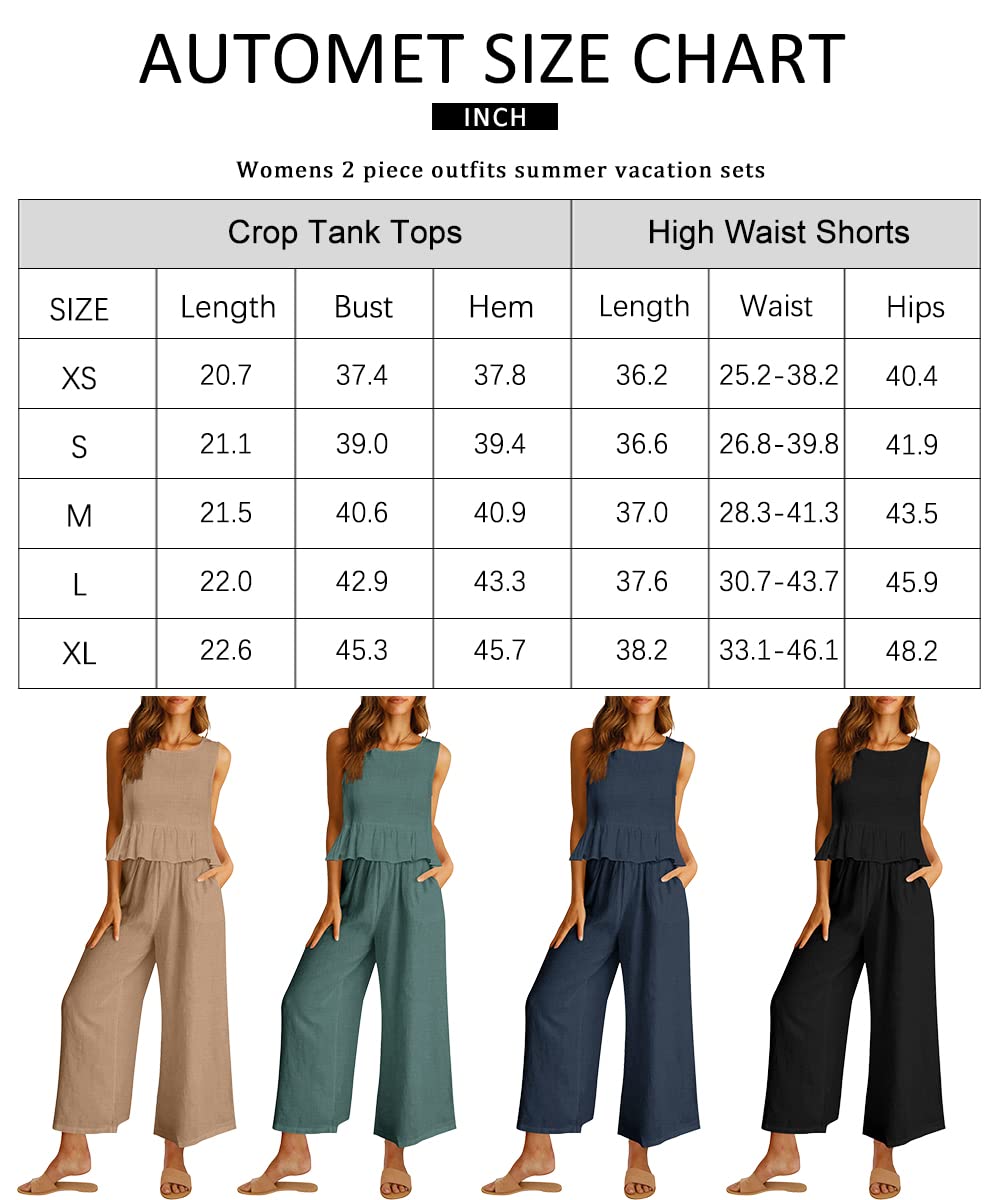 PRODUCTO 539 AUTOMET Conjuntos de dos piezas para mujer Vestidos de verano Ropa de resort Aeropuerto 2024 Sin mangas Lino Boho Crop Tank Tops Conjuntos de salón informales a juego Chándales Pantalones largos Monos Moda elegante