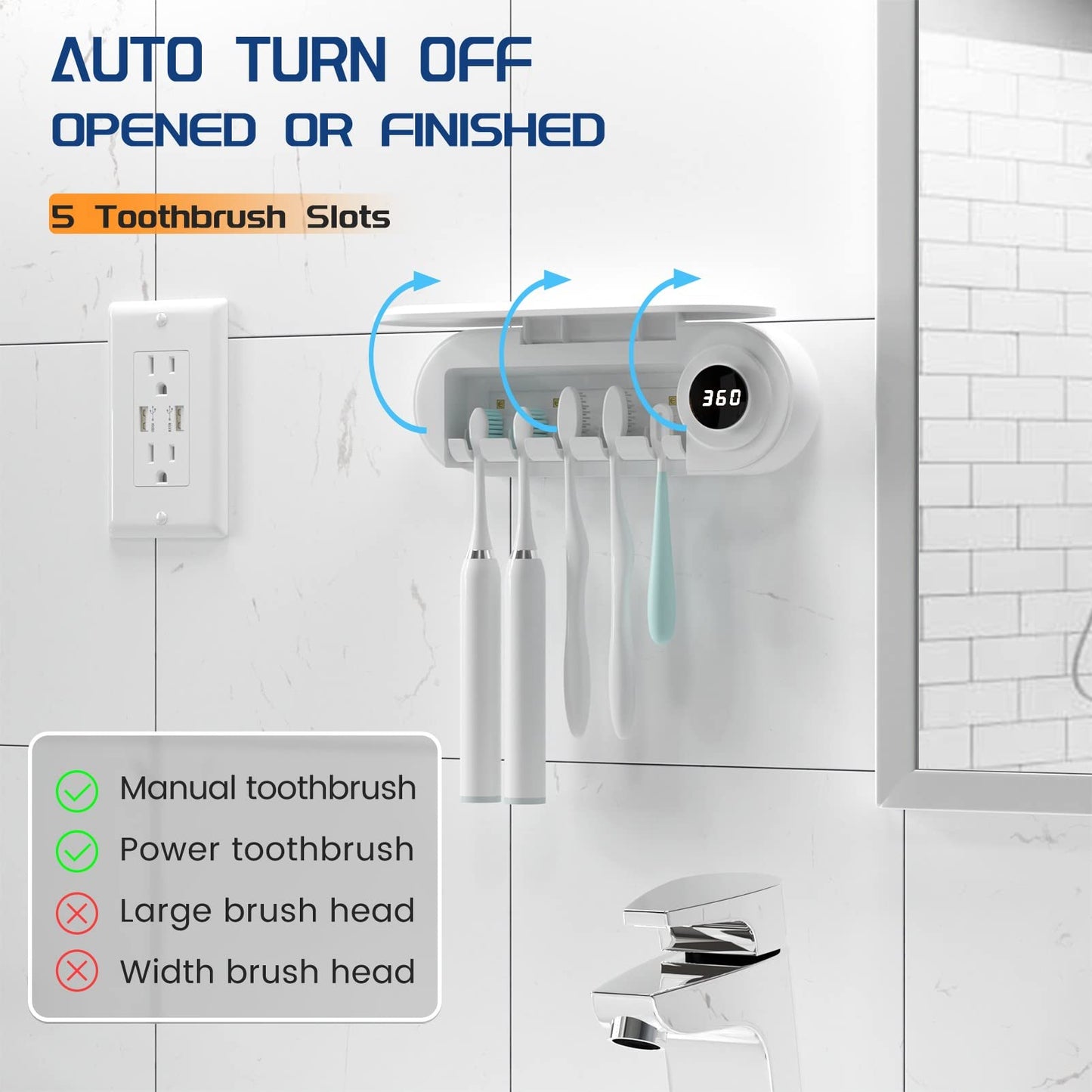 PRODUCTO 421 Desinfectante para cepillos de dientes - Mimore UV Desinfectante y soporte para cepillos de dientes - 5 ranuras para cepillos de dientes y función de sincronización - Esterilizador de cepillos de dientes inalámbrico montado en la pared