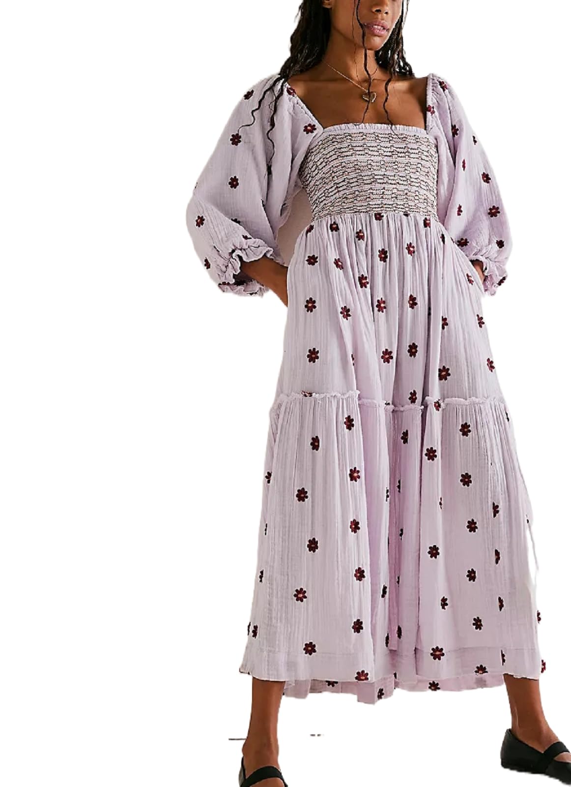 PRODUCTO 589 Argeousgor Vestido floral bohemio para mujer 2023, cuello cuadrado, volantes, línea A, vestido largo de manga larga para playa (vestido de flores morado boutique, S)