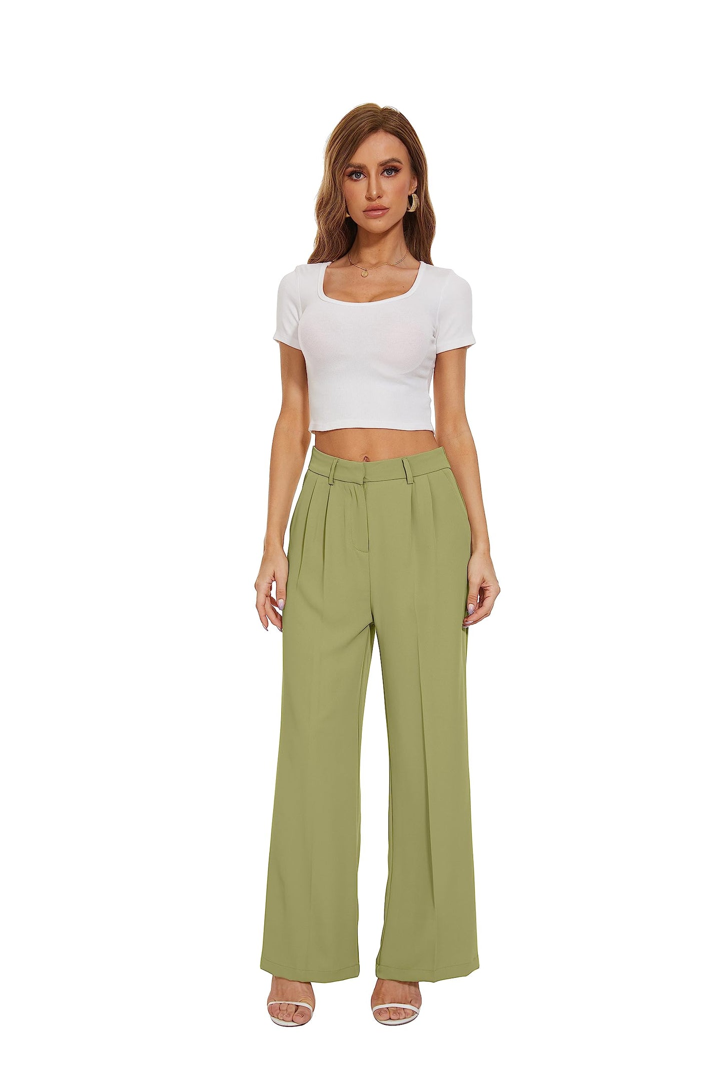 PRODUCTO 568 KICZOY Pantalones anchos de pierna ancha y cintura alta para mujer, corte holgado, cintura elástica en la espalda, pantalones delanteros plisados para el trabajo, informal, verde