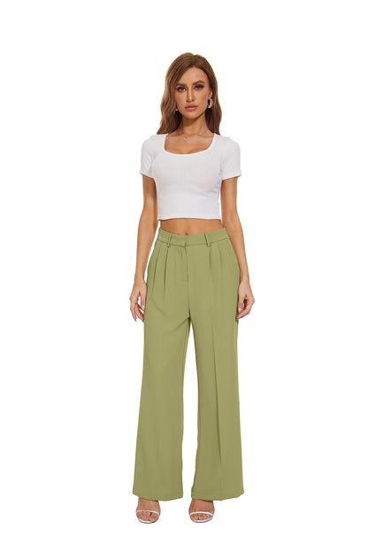 PRODUCTO 568 KICZOY Pantalones anchos de pierna ancha y cintura alta para mujer, corte holgado, cintura elástica en la espalda, pantalones delanteros plisados para el trabajo, informal, verde