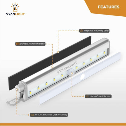 PRODUCTO 418 VYANLIGHT Luces debajo del gabinete - Tiras de luz LED con sensor de movimiento inalámbrico para despensa, armario, cocina, baño - Iluminación magnética para gabinete con batería con apagado automático, sensor de luz diurna (paquete de 3)