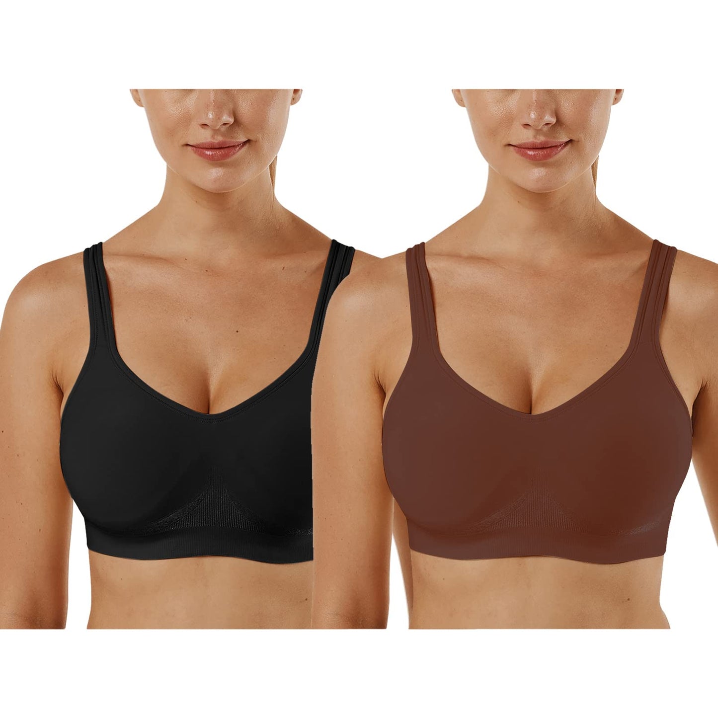 PRODUCTO 621-1 Sujetadores cómodos inalámbricos para mujer, sin aros, cobertura completa, sujetador deportivo sin costuras, sin aros, debajo de la ropa, bralette de talla grande para dormir, yoga, entrenamiento, uso diario (paquete de 2, negro+café, M)