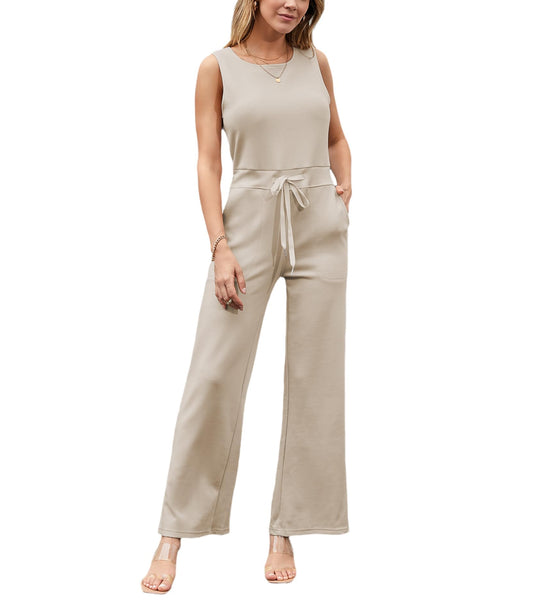 PRODUCTO 615-1 MISSFASHION Airy Essentials Monos de verano sin mangas de pierna ancha para mujer cintura elástica con mono con cordón (Beige-XS)