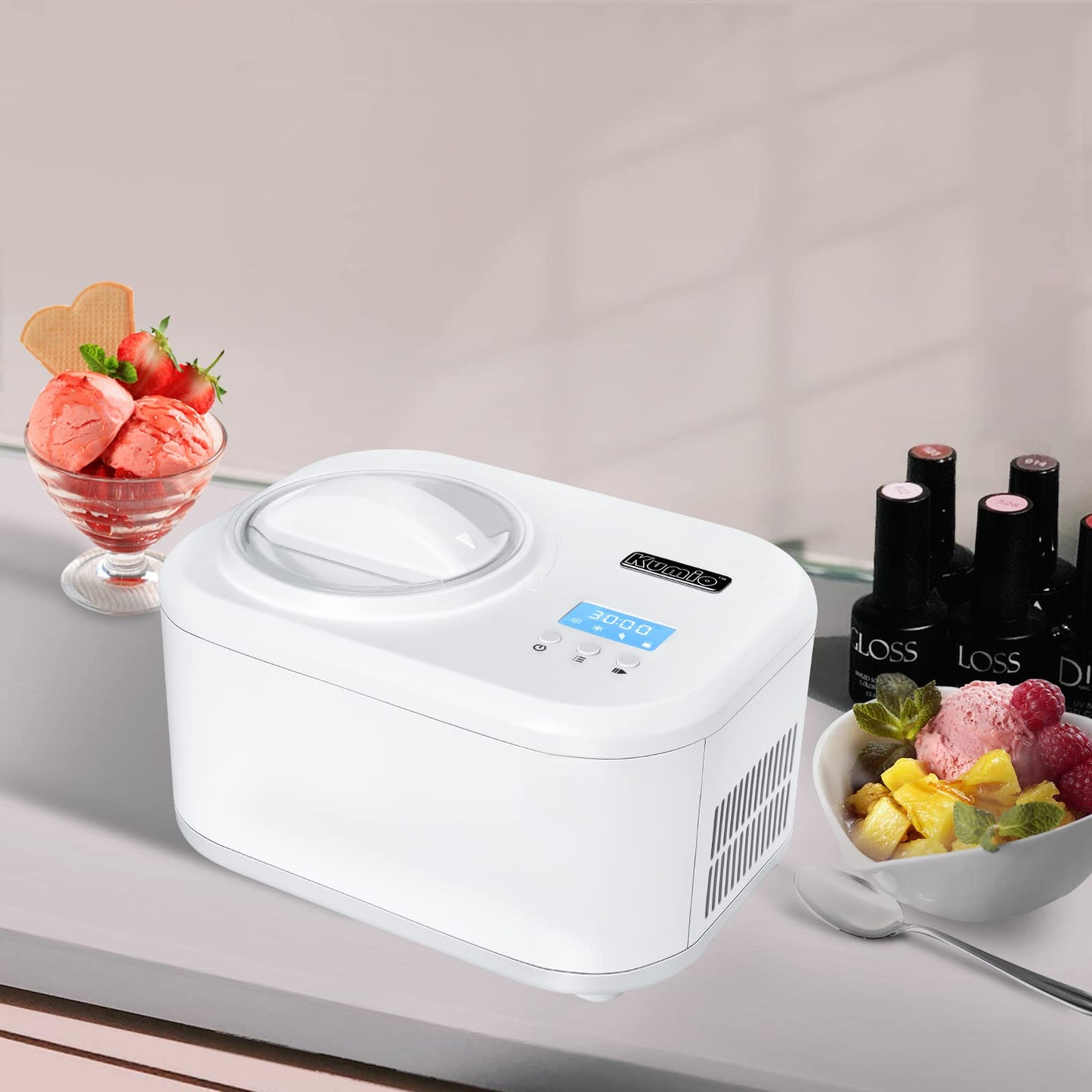 PRODUCTO 189 KUMIO Máquina automática para hacer helados de 1,2 cuartos con compresor, sin precongelación, máquina de yogur helado de 4 modos con pantalla LCD y temporizador, máquina para hacer helados eléctrica, función de mantener fresco