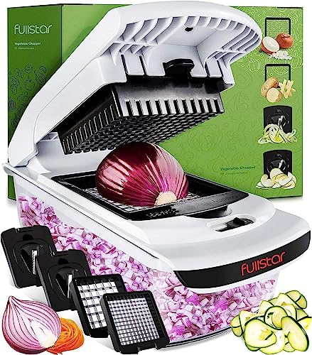 Fullstar Picadora de verduras - Cortadora de verduras en espiral - Picadora de cebolla con contenedor - Picadora de alimentos profesional - Cortadora en cubitos - (4 en 1, blanca)