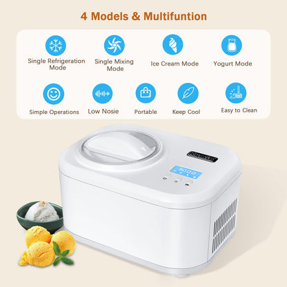 PRODUCTO 189 KUMIO Máquina automática para hacer helados de 1,2 cuartos con compresor, sin precongelación, máquina de yogur helado de 4 modos con pantalla LCD y temporizador, máquina para hacer helados eléctrica, función de mantener fresco