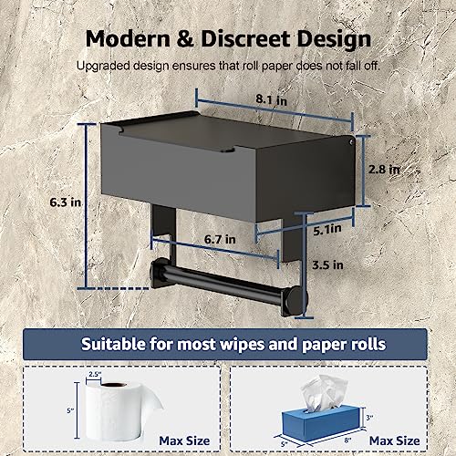 iHysuun Soporte de papel higiénico con estante, dispensador de toallitas desechables para almacenamiento de toallitas de baño, autoadhesivo o perforado, acero inoxidable, soporte para papel higiénico y toallitas para baño, negro mate