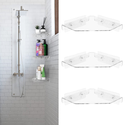 PRODUCTO 497 OAPRIRE Paquete de 3 estantes esquineros para ducha, organizador de ducha acrílico montado en la pared con adhesivo, carrito de ducha esquinero para baño, bañera e inodoro (transparente)