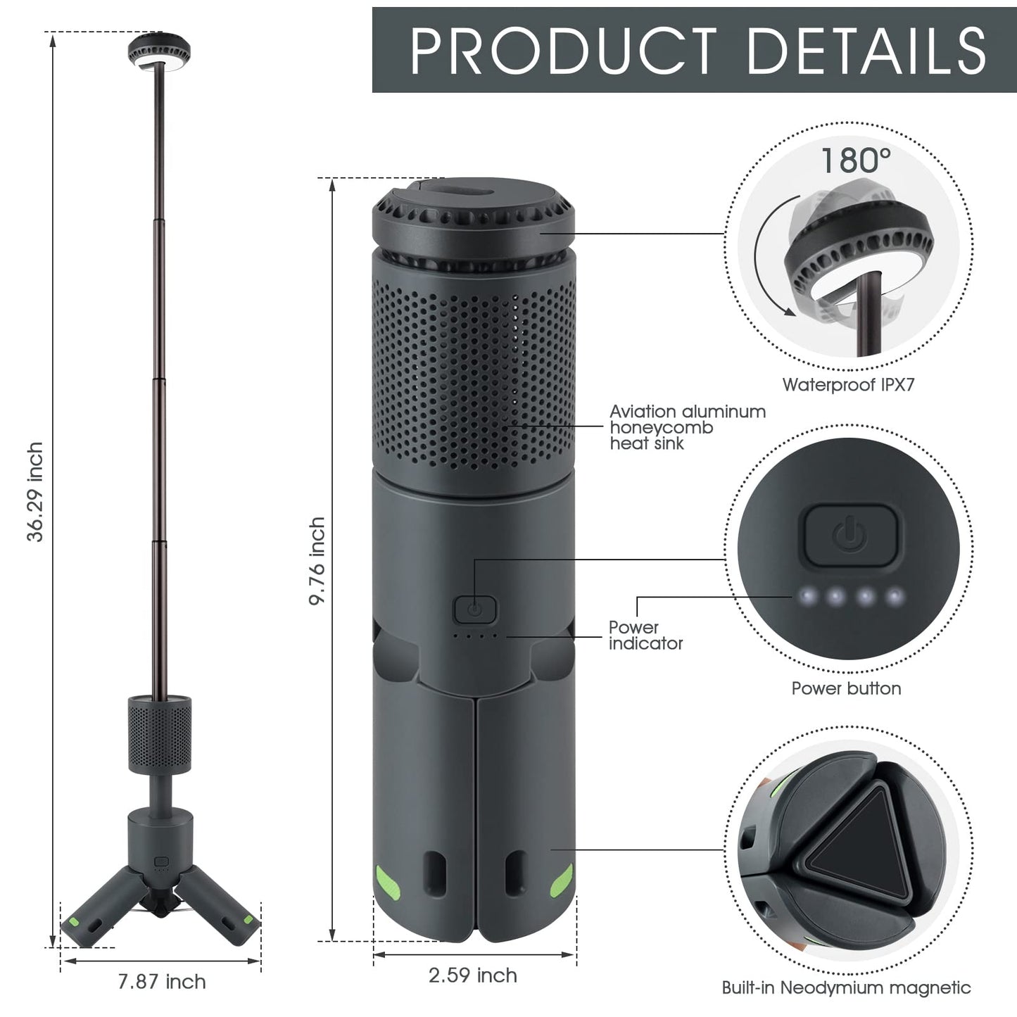 PRODUCTO 140 Luz de camping Luz nocturna telescópica y plegable Iluminación móvil Batería de 10000 mAh Luz de carretera magnética incorporada y luz de flash para aventuras, senderismo, camping, transmisión en vivo (gris oscuro)