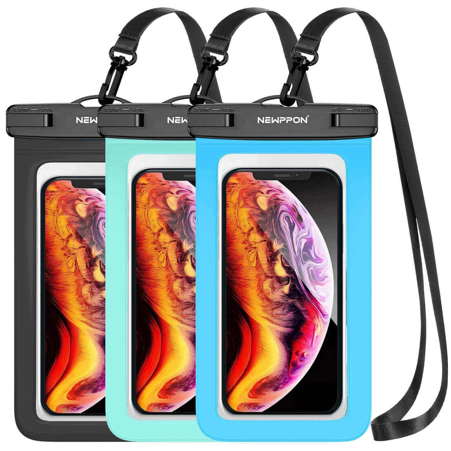 Newppon Funda impermeable para teléfono celular: paquete de 3 fundas universales con cordón para el cuello, soporte para teléfono móvil transparente bajo el agua, protector grande para iPhone Samsung Galaxy para playa, piscina, natación