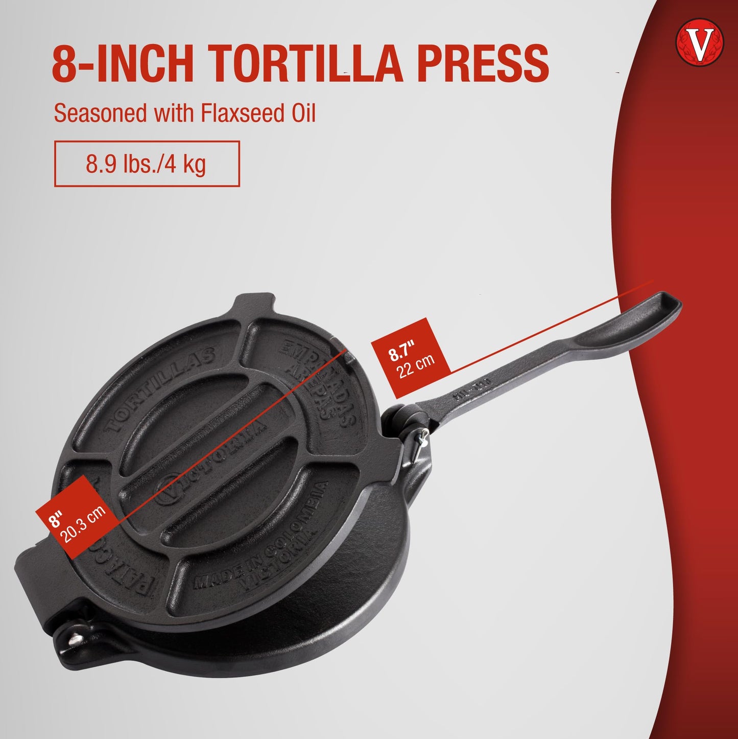 PRODUCTO 518 Prensa para tortillas Victoria de hierro fundido, máquina para hacer tortillas y roti, fabricada en Colombia, 8 pulgadas