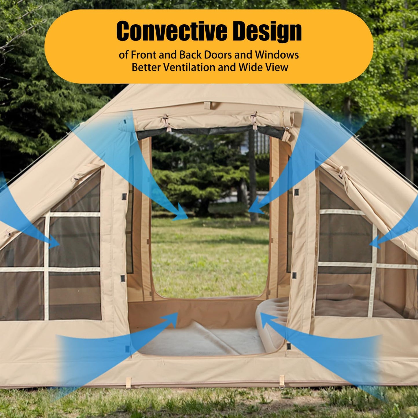 PRODUCTO 141 Tiendas de campaña inflables con bomba, tiendas de campaña Air Glamping, tienda de campaña inflable impermeable y resistente al viento de fácil instalación, tienda de campaña Oxford para las 4 estaciones con ventana de malla y chimenea.