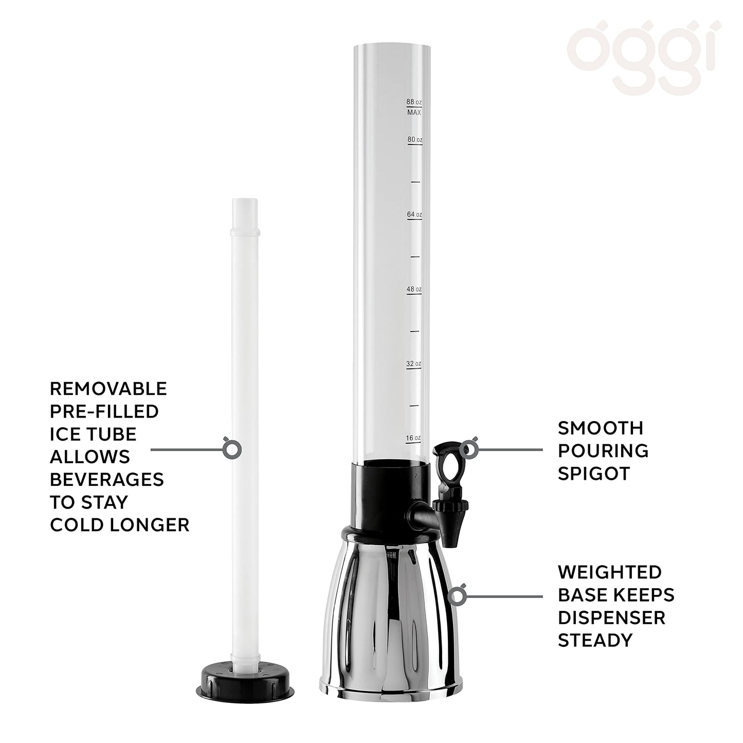 PRODUCTO 485 OGGI Beer Tower 3L/100oz - Dispensador de bebidas con espiga y tubo de hielo, Torre Margarita, Torre Mimosa, Dispensadores de bebidas perfectos para fiestas, Torre de bebidas, Capacidad para 6 pintas de cerveza - Inoxidable