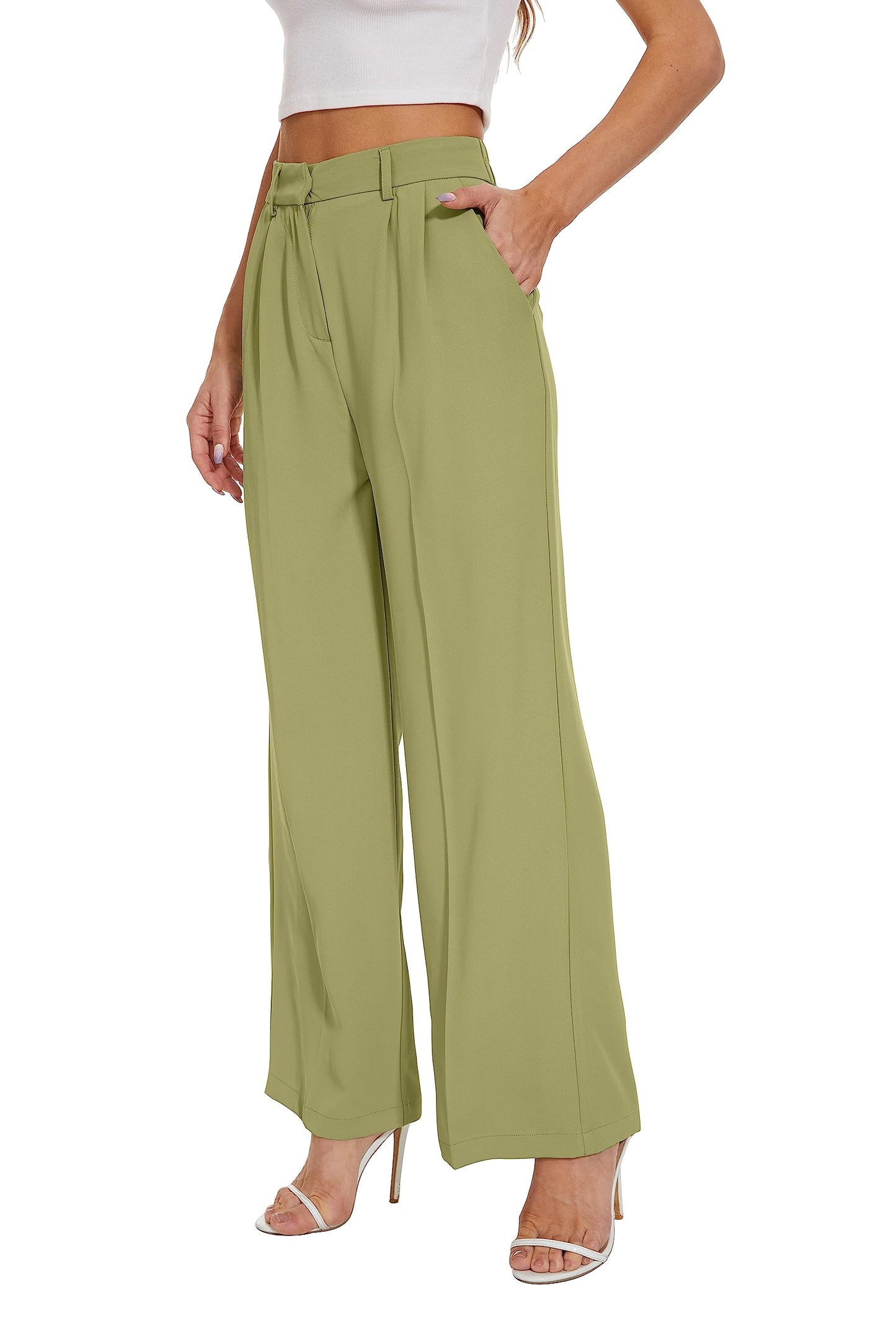 PRODUCTO 568 KICZOY Pantalones anchos de pierna ancha y cintura alta para mujer, corte holgado, cintura elástica en la espalda, pantalones delanteros plisados para el trabajo, informal, verde