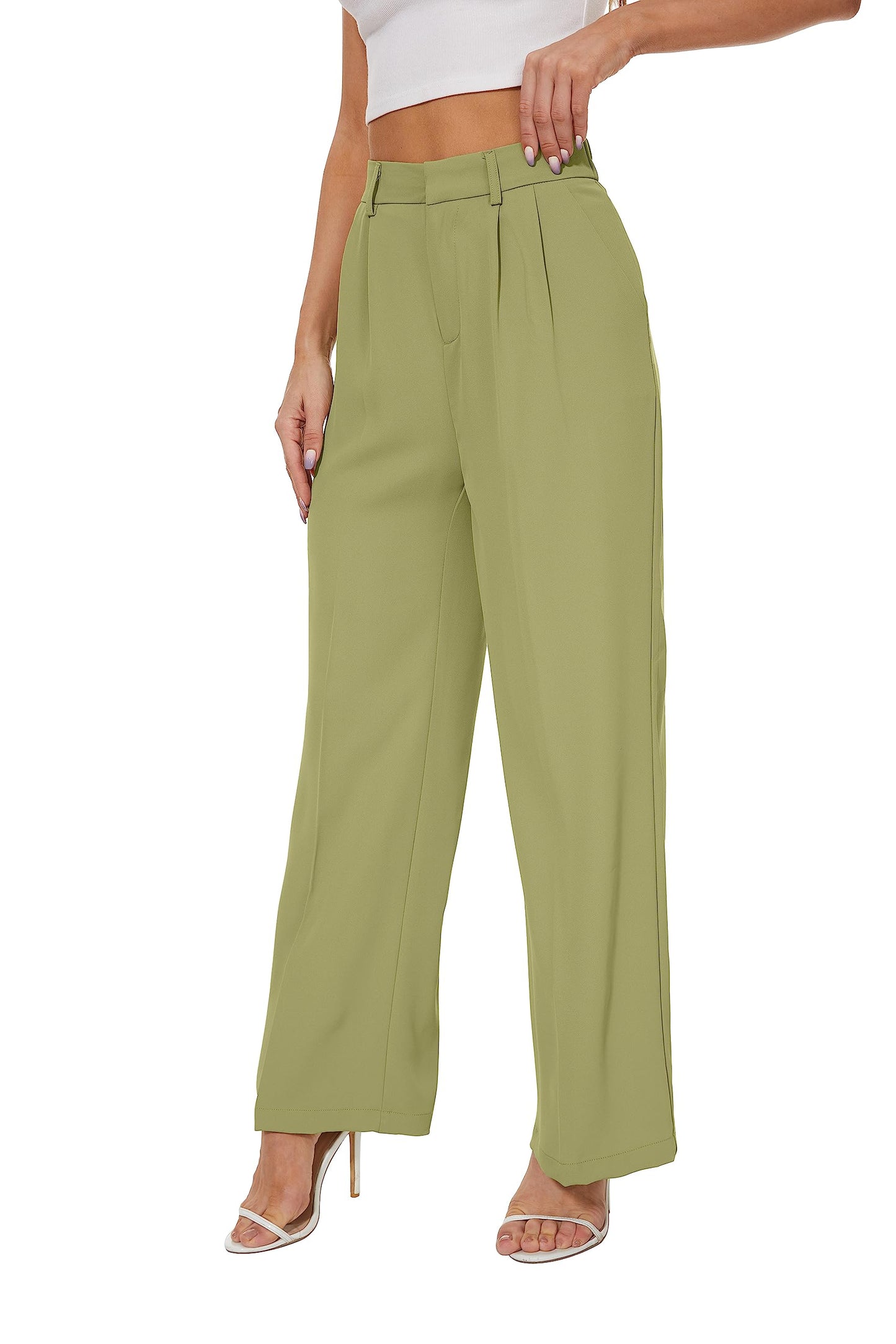 PRODUCTO 568 KICZOY Pantalones anchos de pierna ancha y cintura alta para mujer, corte holgado, cintura elástica en la espalda, pantalones delanteros plisados para el trabajo, informal, verde