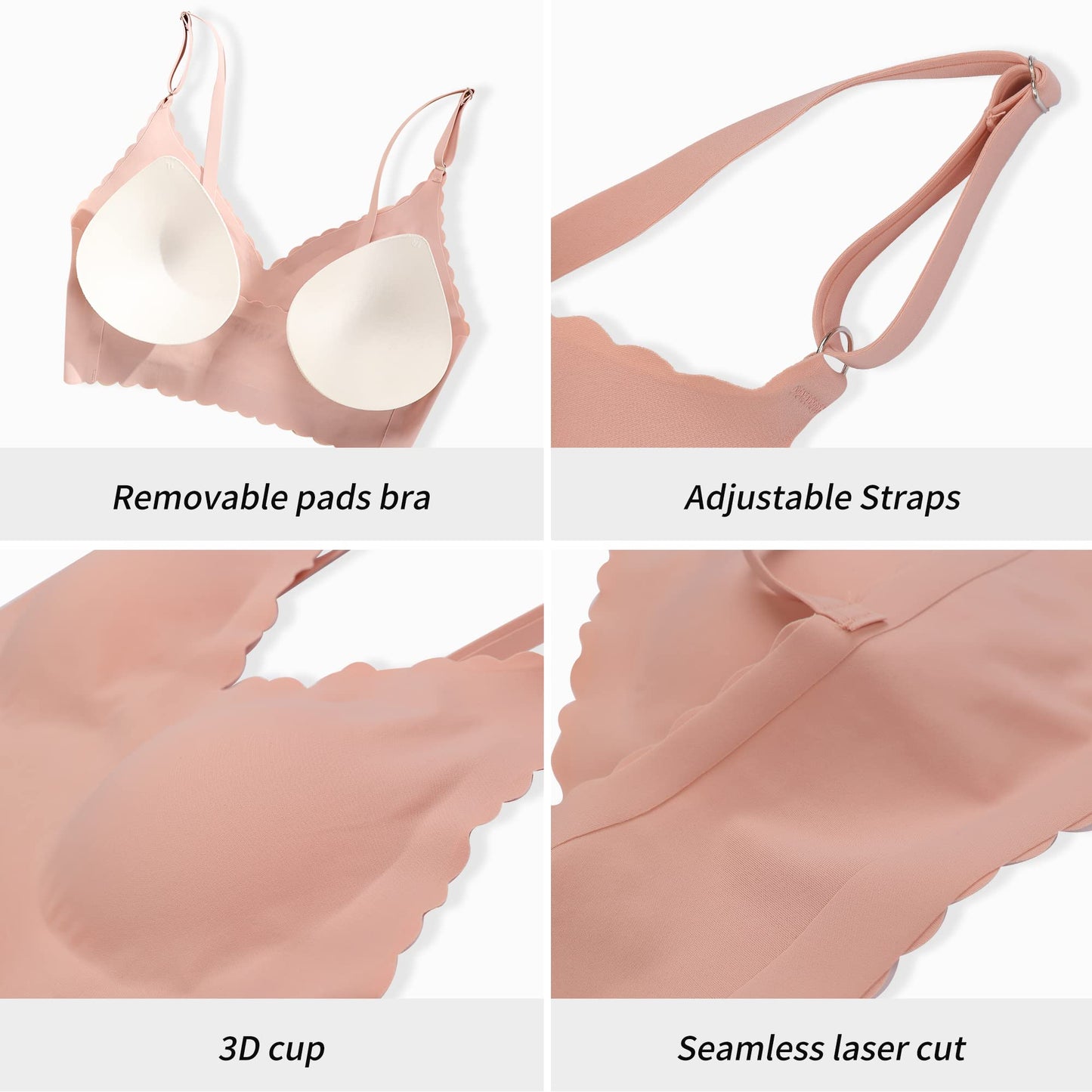 PRODUCTO 533 DEANGELMON 4 Piezas Bralettes con Cuello en V Acolchados Sin Costuras Correas Ajustables Sujetador Básico para Dormir Todos los Días (4P4,S)