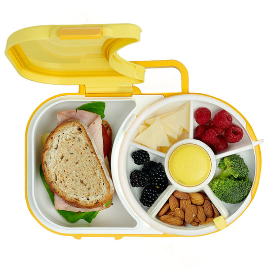 PRODUCTO 483 Fiambrera para niños con giratorio para aperitivos desmontable, paquete con correa de mano y hoja adhesiva, contenedor de almuerzo reutilizable estilo Bento, 5 compartimentos pequeños + 1 grande para sándwich, sin BPA ni PVC