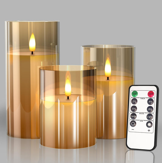 PRODUCTO 183 Velas LED sin llama con pilas de vidrio con control remoto y temporizador, velas de cera real, luz parpadeante de color cálido para decoración de festivales, bodas, fiestas en el hogar (paquete de 3) -Oro