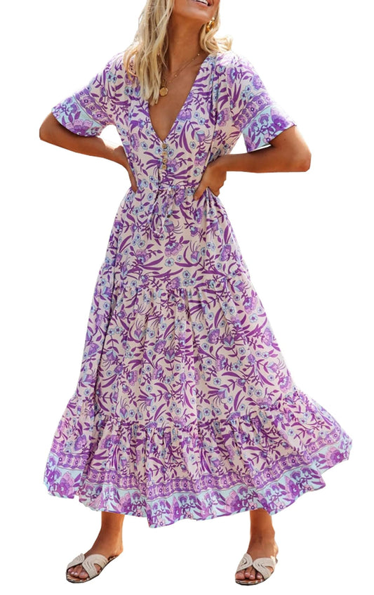 PRODUCTO 589-3 R.Vivimos Vestido fluido de manga corta de algodón con estampado floral de verano para mujer (pequeño, morado)