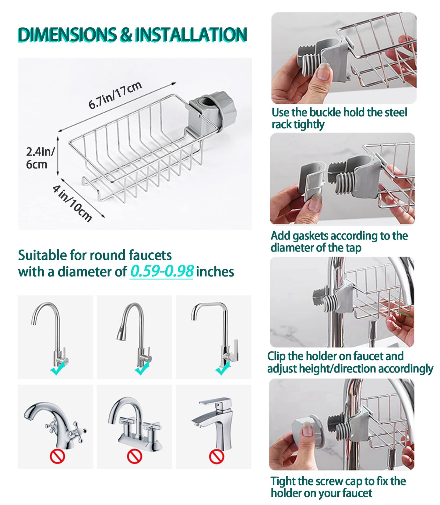 PRODUCTO 408 CcHhyyt Estante para grifo de cocina, soporte para esponja, organizador para fregadero, estante para escurridor, estante de almacenamiento de acero inoxidable para esponja, jabón, cepillo, toalla, baño, ducha, estante para champú