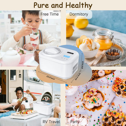 PRODUCTO 189 KUMIO Máquina automática para hacer helados de 1,2 cuartos con compresor, sin precongelación, máquina de yogur helado de 4 modos con pantalla LCD y temporizador, máquina para hacer helados eléctrica, función de mantener fresco