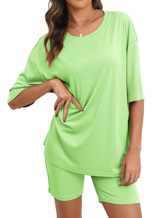 PRODUCTO 621 BEKOFO Conjuntos de pijamas de punto acanalado Conjuntos de manga corta Camiseta Pantalones cortos de bicicleta 2024 Moda Mujer Pijama Pj Conjuntos para mujer Verde Grande