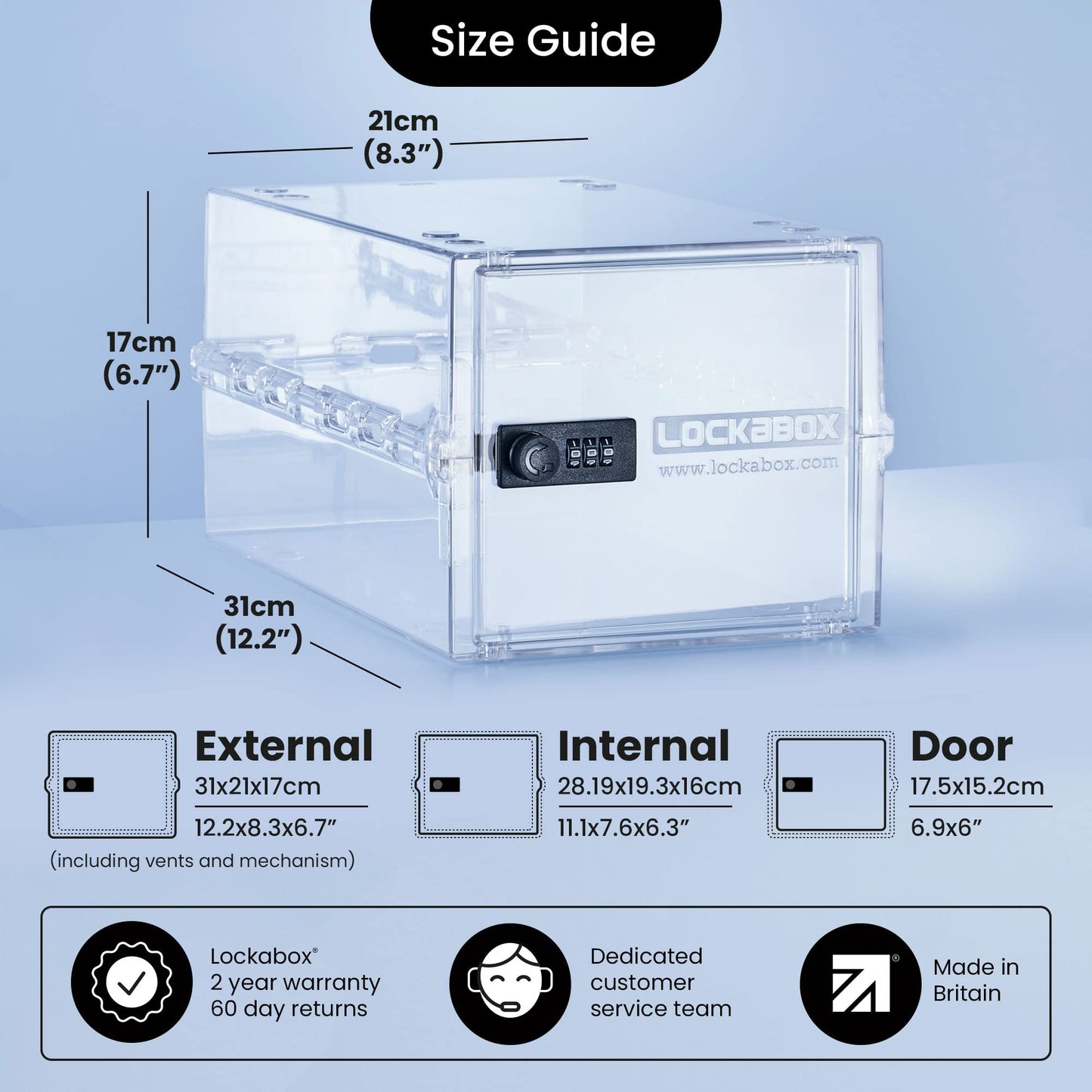 PRODUCTO 507 Lockabox One™ | Caja de almacenamiento compacta e higiénica con cerradura para alimentos, medicamentos, tecnología y seguridad en el hogar | Talla única 12 x 8 x 6,6 pulgadas externamente (Cristal)